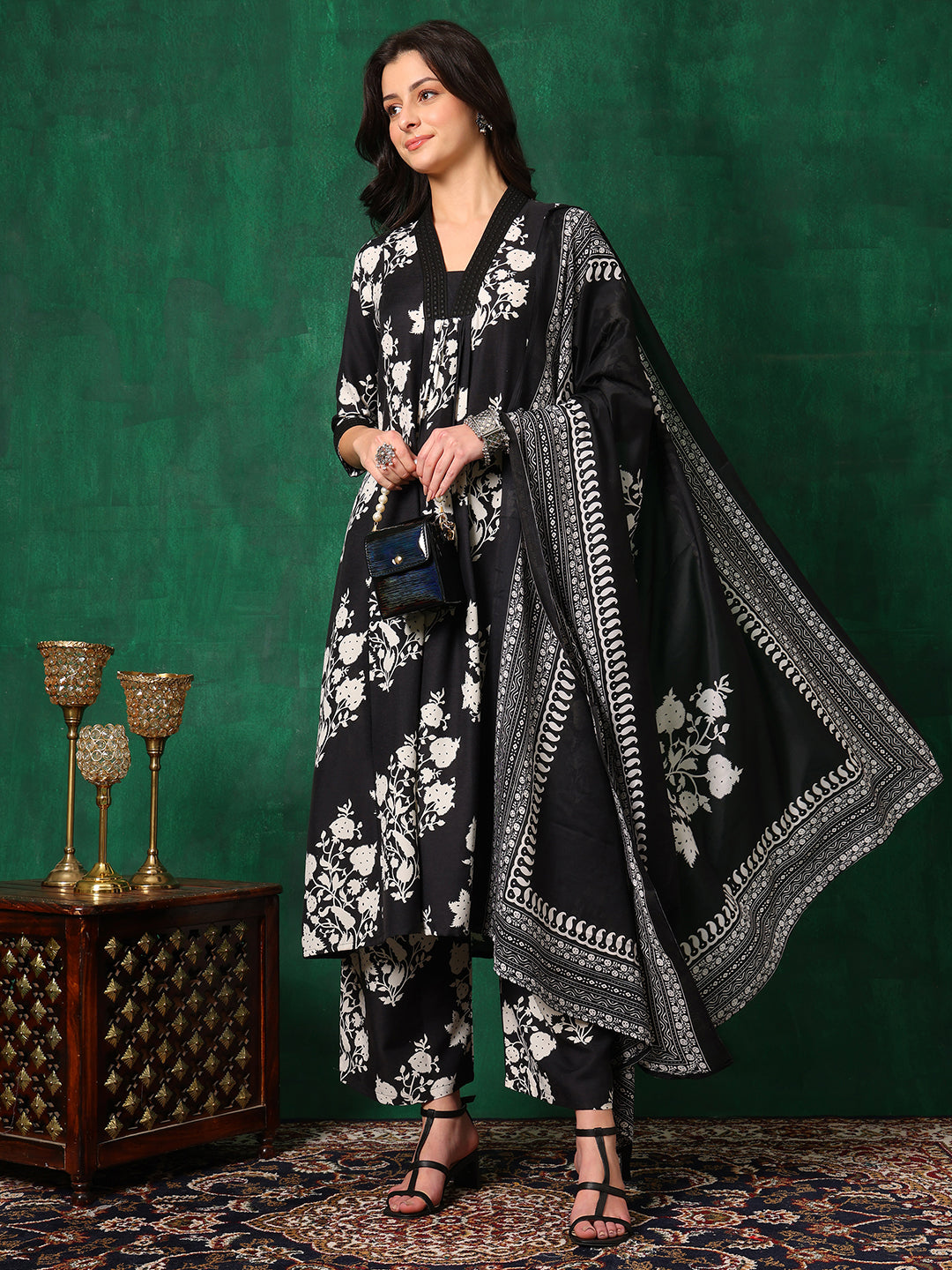 Embroidered & Printed Flared Kurta With Pant & Dupatta, Black - Hiral Fashion - Distacart