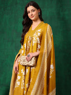 Embroidered & Printed Flared Kurta With Pant & Dupatta, Mustard - Hiral Fashion - Distacart