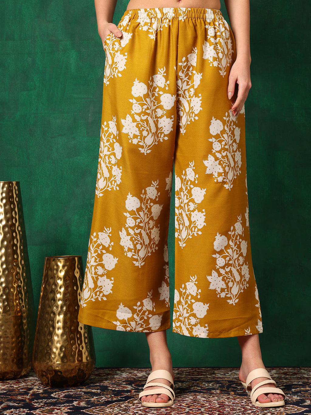 Embroidered & Printed Flared Kurta With Pant & Dupatta, Mustard - Hiral Fashion - Distacart