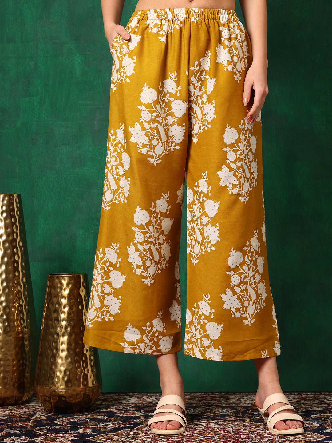 Embroidered & Printed Flared Kurta With Pant & Dupatta, Mustard - Hiral Fashion - Distacart