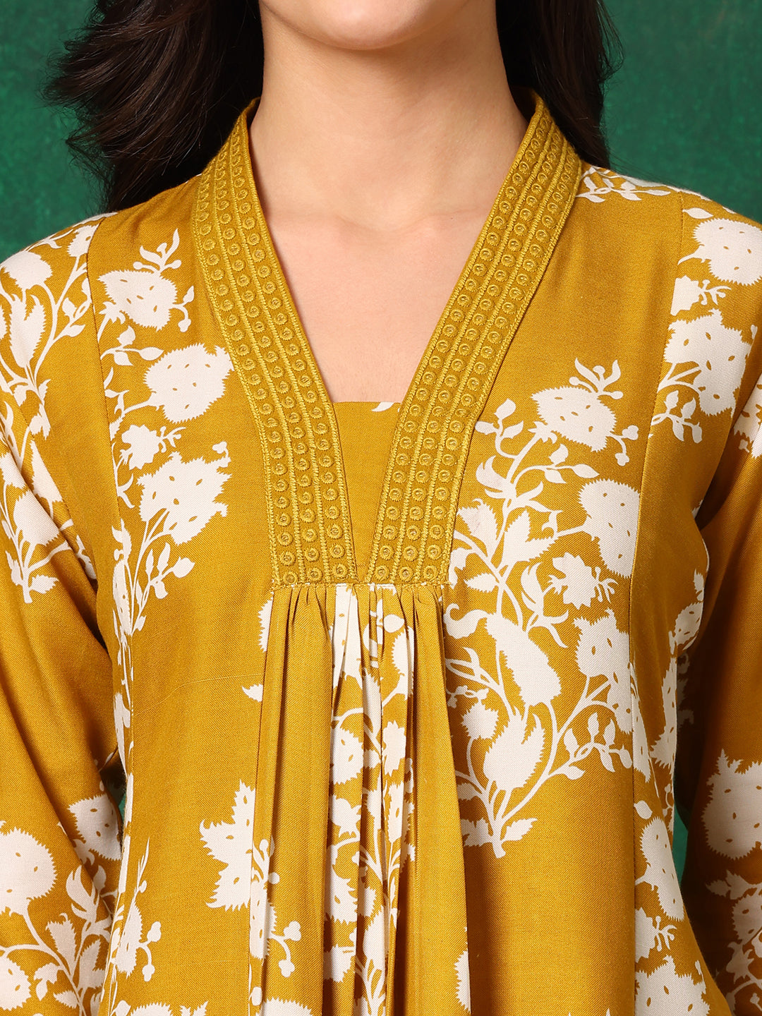 Embroidered & Printed Flared Kurta With Pant & Dupatta, Mustard - Hiral Fashion - Distacart
