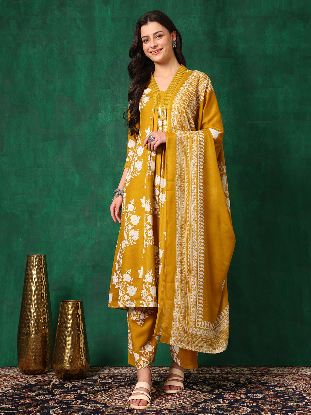 Embroidered & Printed Flared Kurta With Pant & Dupatta, Mustard - Hiral Fashion - Distacart