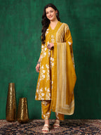 Embroidered & Printed Flared Kurta With Pant & Dupatta, Mustard - Hiral Fashion - Distacart