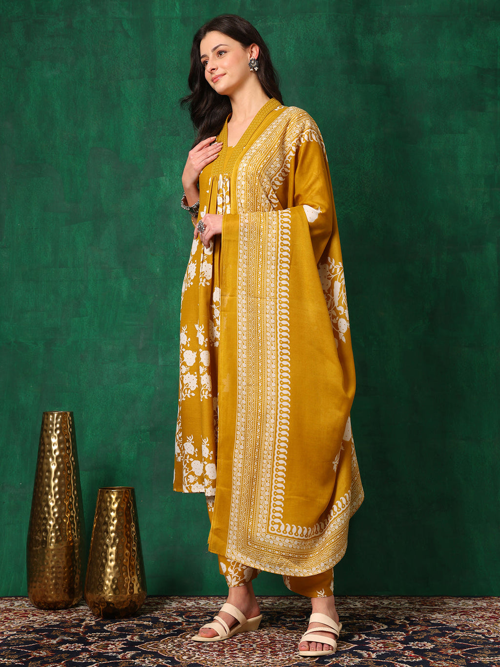 Embroidered & Printed Flared Kurta With Pant & Dupatta, Mustard - Hiral Fashion - Distacart