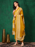 Embroidered & Printed Flared Kurta With Pant & Dupatta, Mustard - Hiral Fashion - Distacart