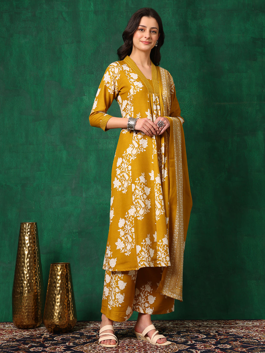 Embroidered & Printed Flared Kurta With Pant & Dupatta, Mustard - Hiral Fashion - Distacart