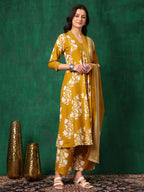 Embroidered & Printed Flared Kurta With Pant & Dupatta, Mustard - Hiral Fashion - Distacart