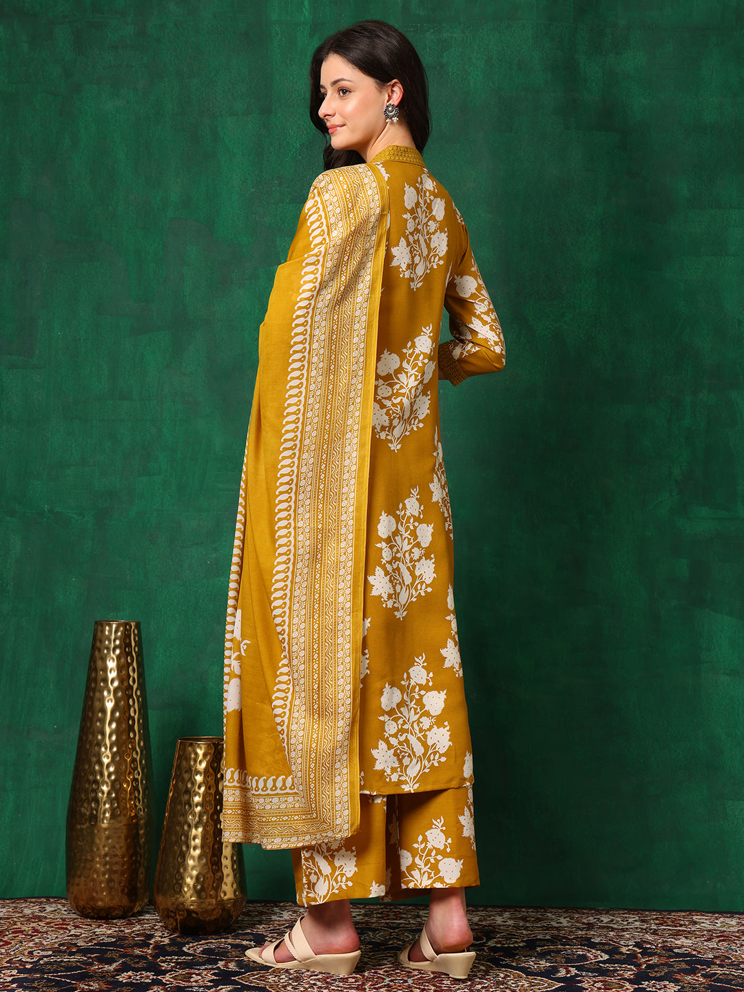 Embroidered & Printed Flared Kurta With Pant & Dupatta, Mustard - Hiral Fashion - Distacart