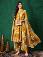 Embroidered & Printed Flared Kurta With Pant & Dupatta, Mustard - Hiral Fashion - Distacart
