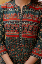 Ethnic Printed A-Line Kurta With Pant & Coordinated Dupatta, Bottle-Green - Hiral Fashion - Distacart