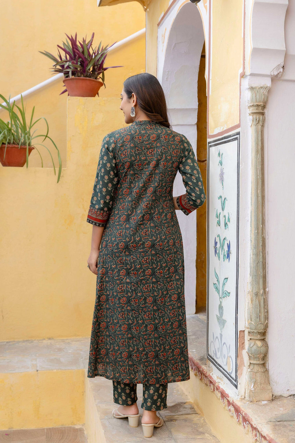 Ethnic Printed A-Line Kurta With Pant & Coordinated Dupatta, Bottle-Green - Hiral Fashion - Distacart