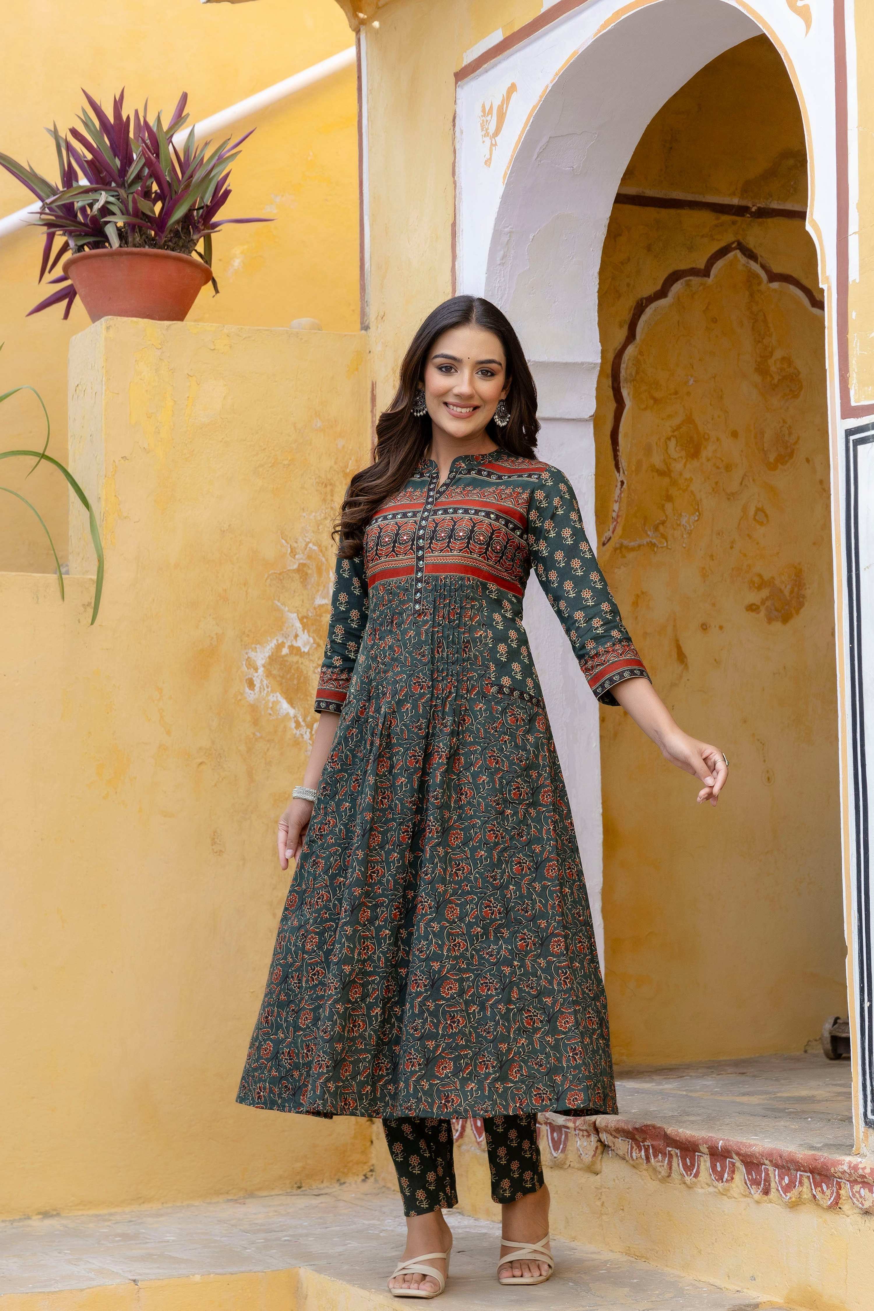 Ethnic Printed A-Line Kurta With Pant & Coordinated Dupatta, Bottle-Green - Hiral Fashion - Distacart