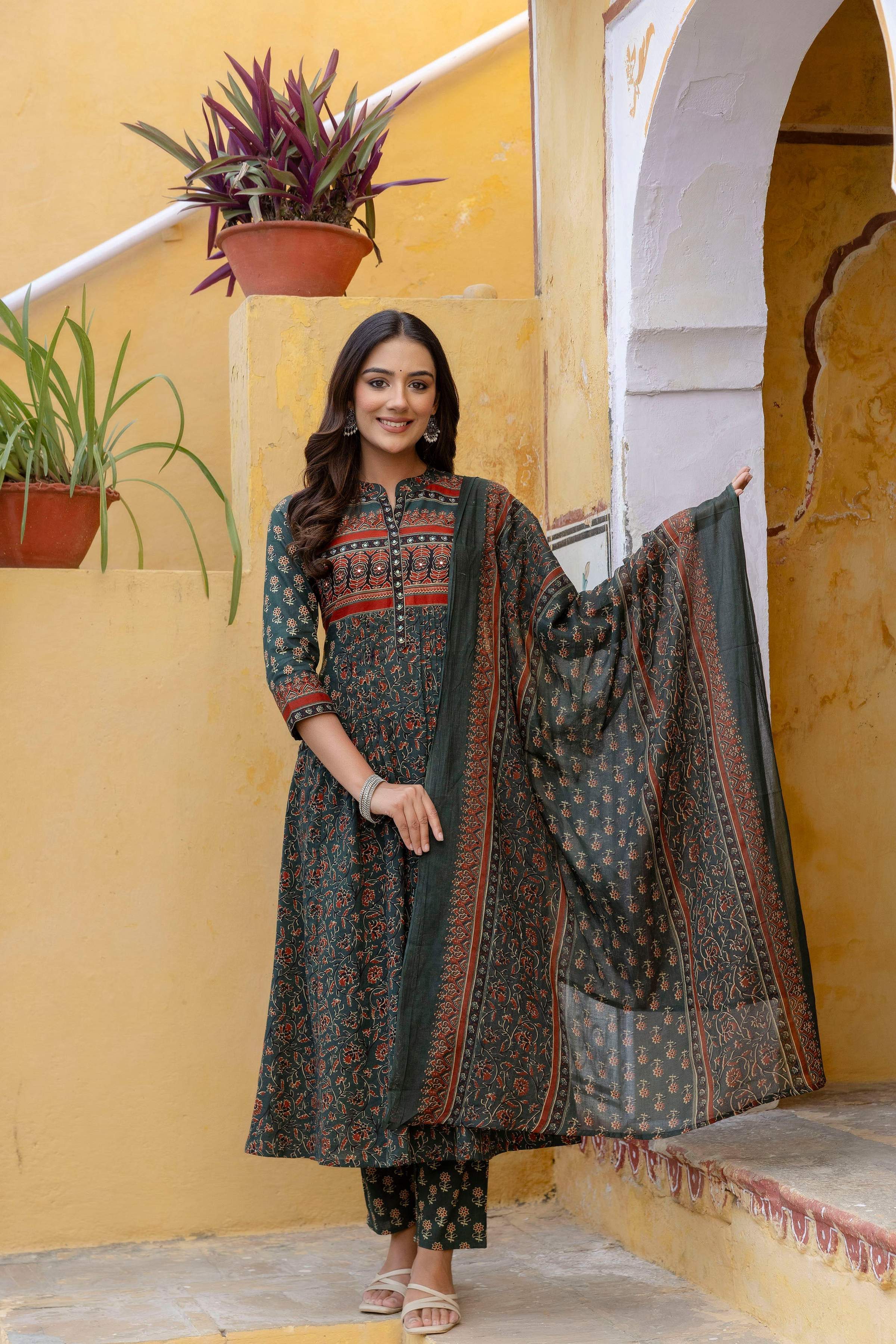 Ethnic Printed A-Line Kurta With Pant & Coordinated Dupatta, Bottle-Green - Hiral Fashion - Distacart