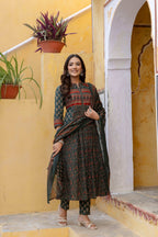 Ethnic Printed A-Line Kurta With Pant & Coordinated Dupatta, Bottle-Green - Hiral Fashion - Distacart