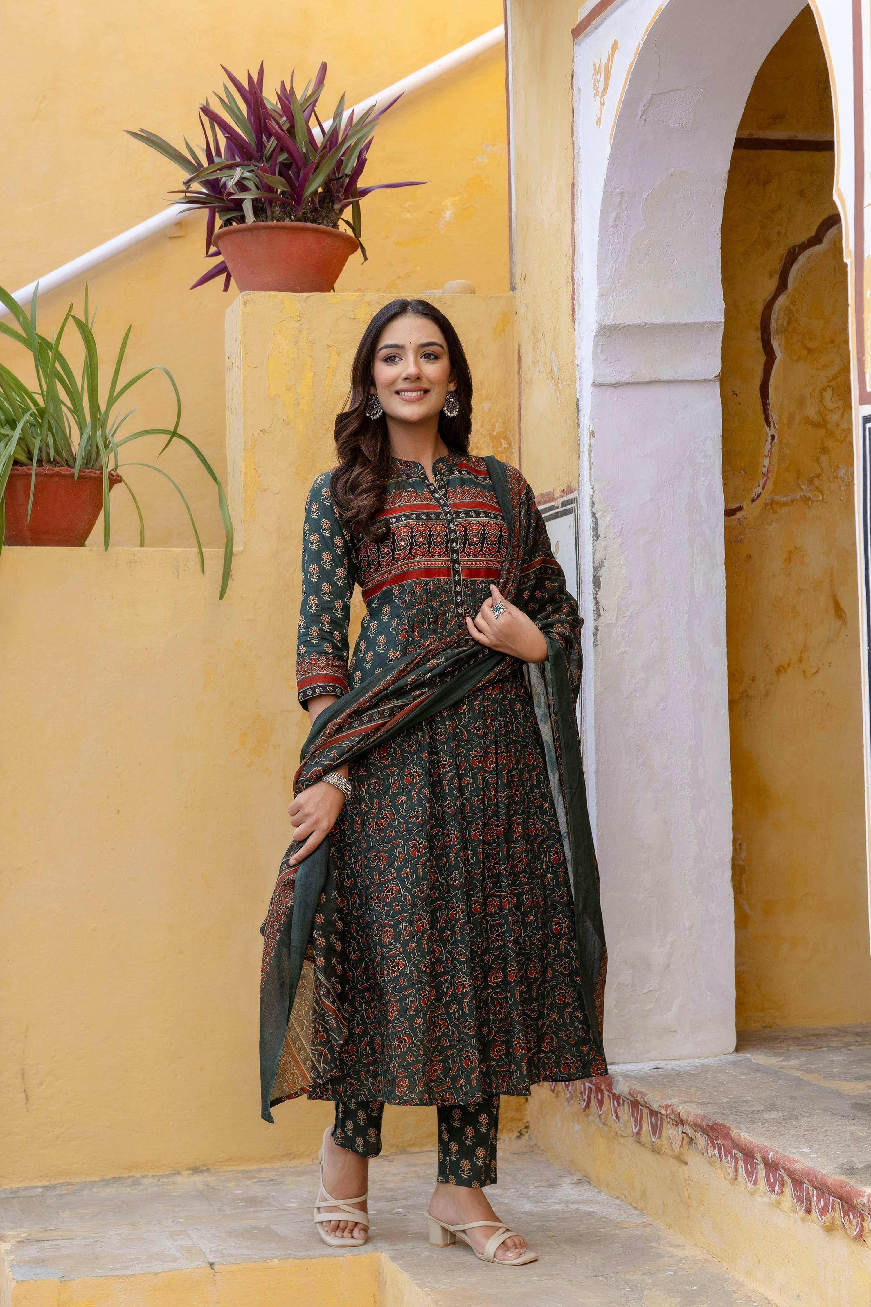 Ethnic Printed A-Line Kurta With Pant & Coordinated Dupatta, Bottle-Green - Hiral Fashion - Distacart