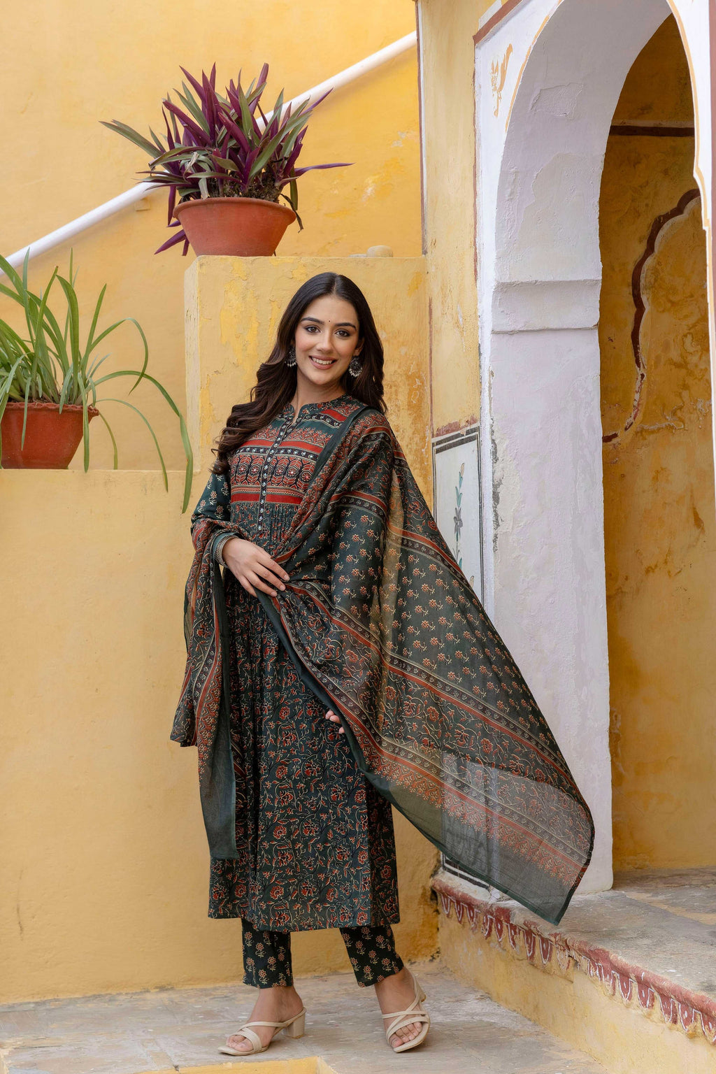Ethnic Printed A-Line Kurta With Pant & Coordinated Dupatta, Bottle-Green - Hiral Fashion - Distacart