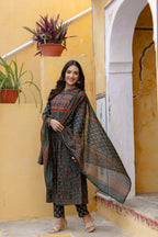 Ethnic Printed A-Line Kurta With Pant & Coordinated Dupatta, Bottle-Green - Hiral Fashion - Distacart