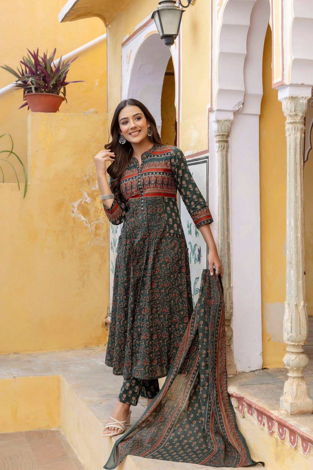 Ethnic Printed A-Line Kurta With Pant & Coordinated Dupatta, Bottle-Green - Hiral Fashion - Distacart