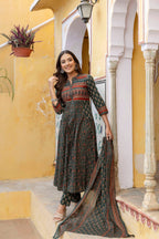 Ethnic Printed A-Line Kurta With Pant & Coordinated Dupatta, Bottle-Green - Hiral Fashion - Distacart