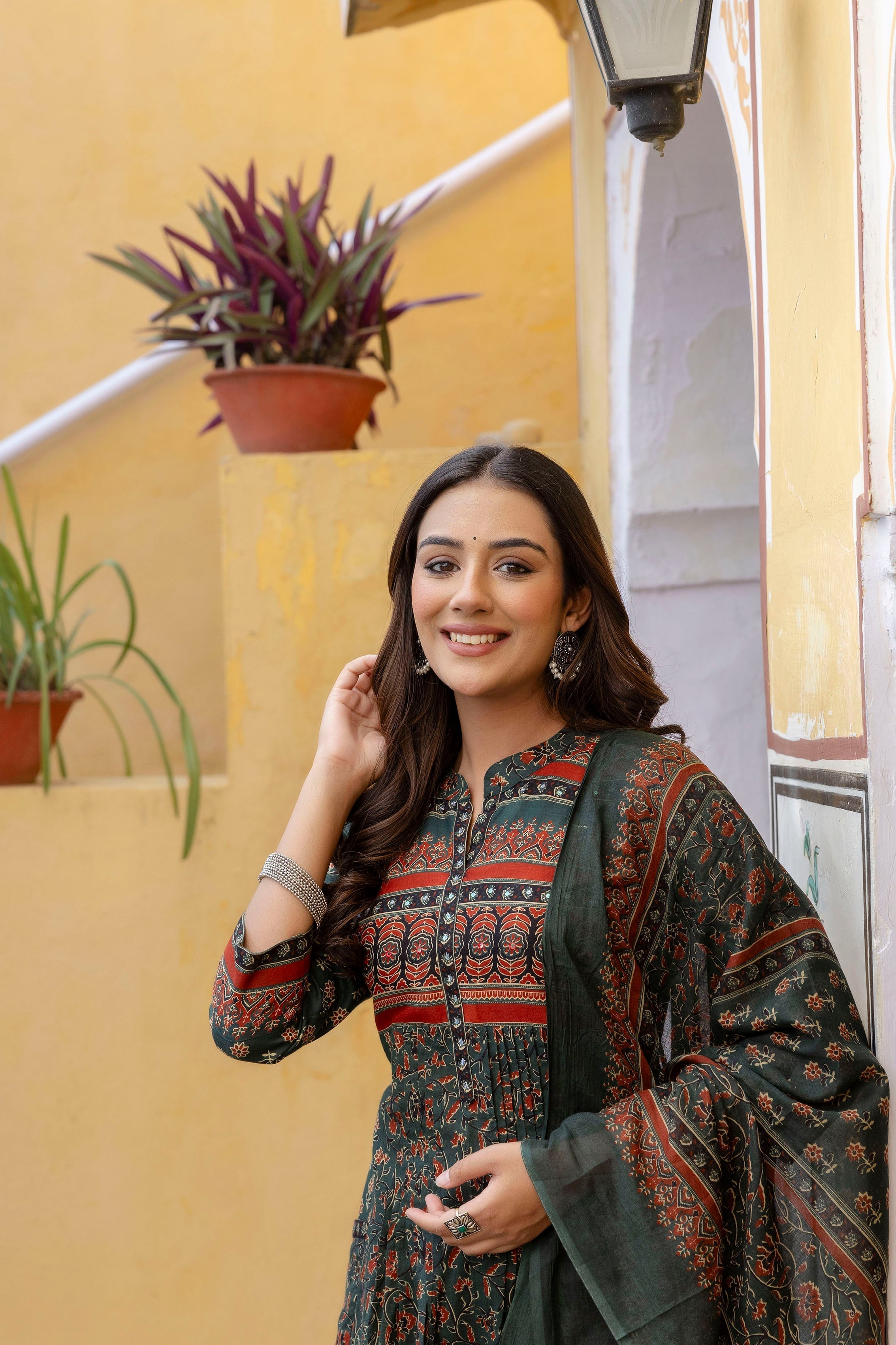 Ethnic Printed A-Line Kurta With Pant & Coordinated Dupatta, Bottle-Green - Hiral Fashion - Distacart