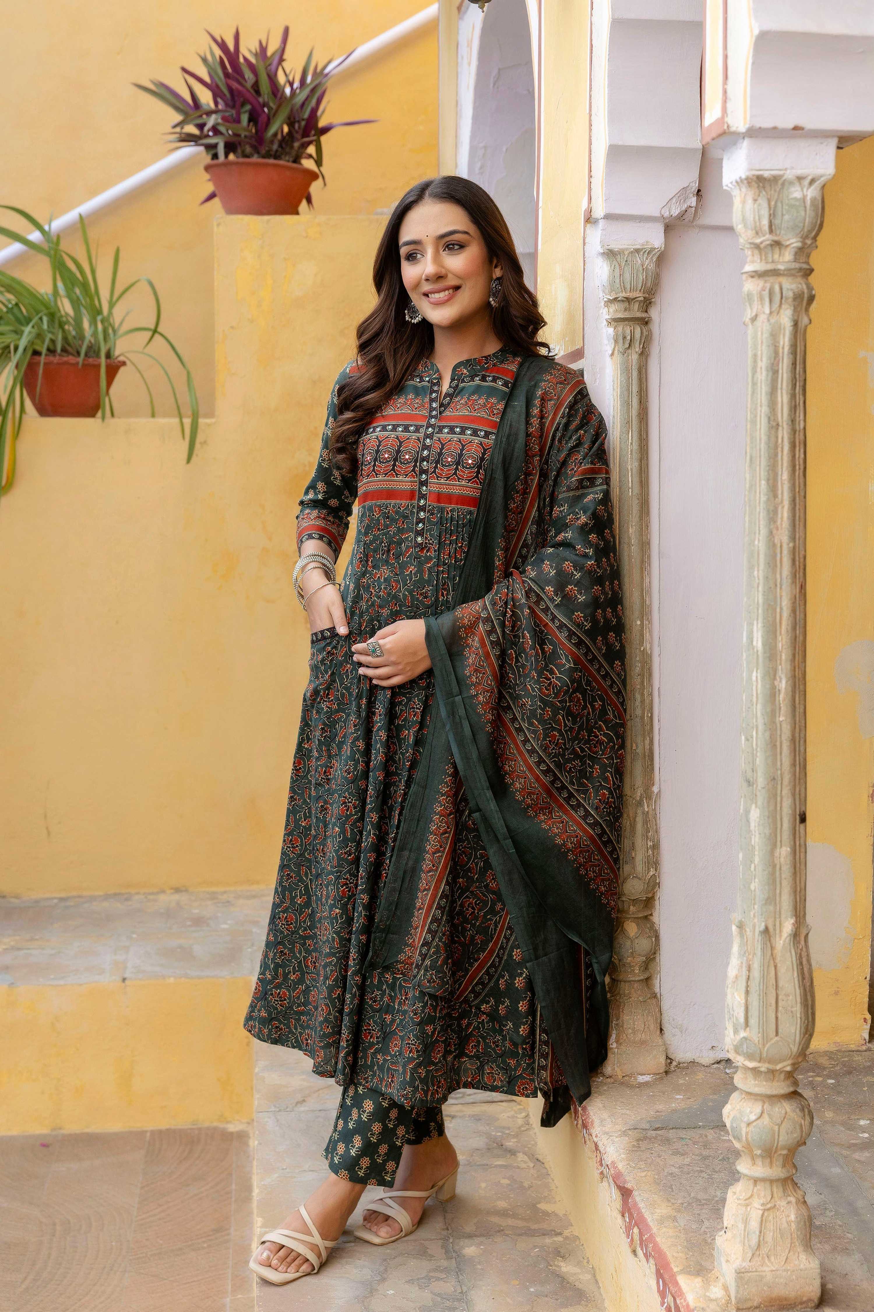 Ethnic Printed A-Line Kurta With Pant & Coordinated Dupatta, Bottle-Green - Hiral Fashion - Distacart
