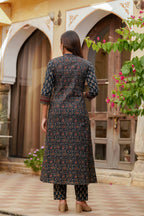 Ethnic Printed A-Line Kurta With Pant & Coordinated Dupatta, Navy Blue - Hiral Fashion - Distacart