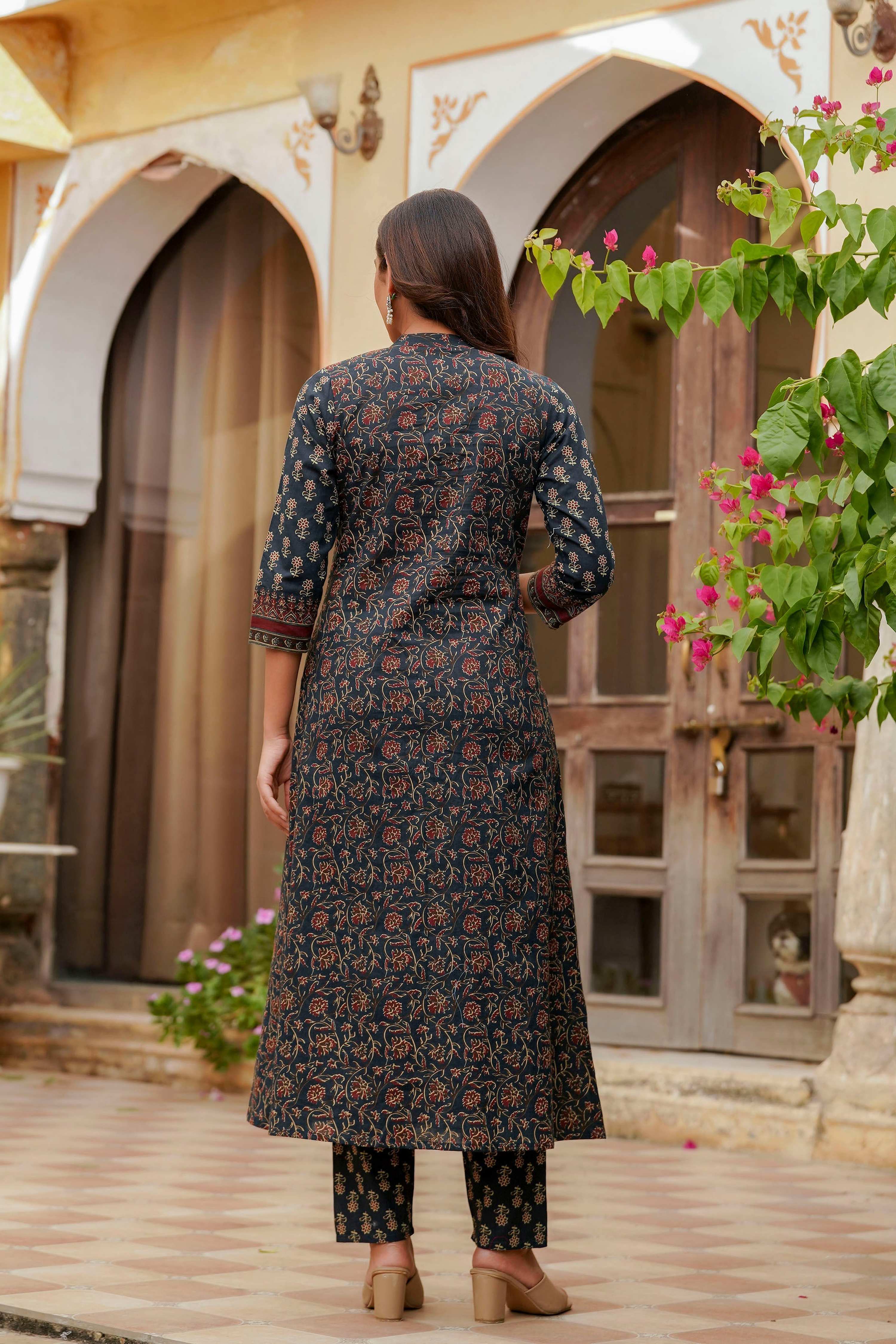 Ethnic Printed A-Line Kurta With Pant & Coordinated Dupatta, Navy Blue - Hiral Fashion - Distacart