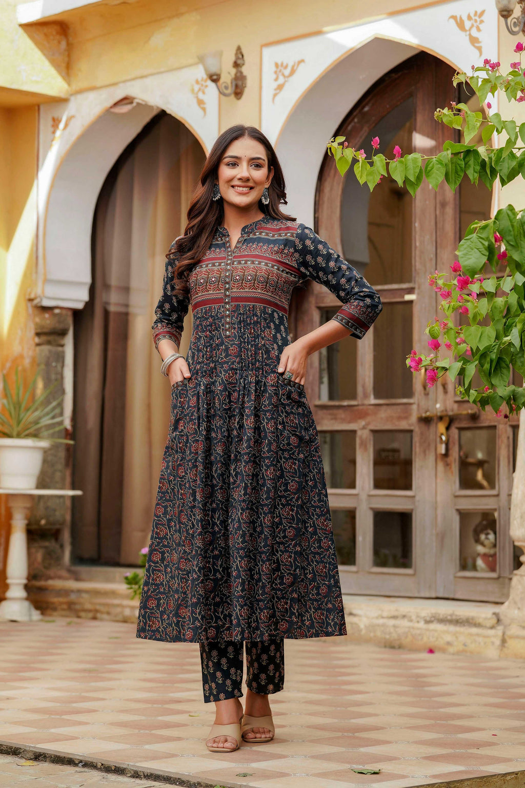 Ethnic Printed A-Line Kurta With Pant & Coordinated Dupatta, Navy Blue - Hiral Fashion - Distacart