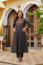 Ethnic Printed A-Line Kurta With Pant & Coordinated Dupatta, Navy Blue - Hiral Fashion - Distacart