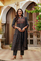 Ethnic Printed A-Line Kurta With Pant & Coordinated Dupatta, Navy Blue - Hiral Fashion - Distacart
