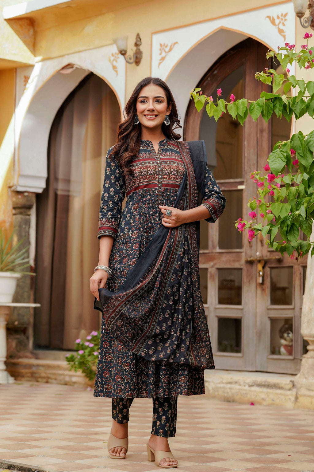 Ethnic Printed A-Line Kurta With Pant & Coordinated Dupatta, Navy Blue - Hiral Fashion - Distacart