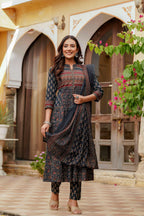 Ethnic Printed A-Line Kurta With Pant & Coordinated Dupatta, Navy Blue - Hiral Fashion - Distacart