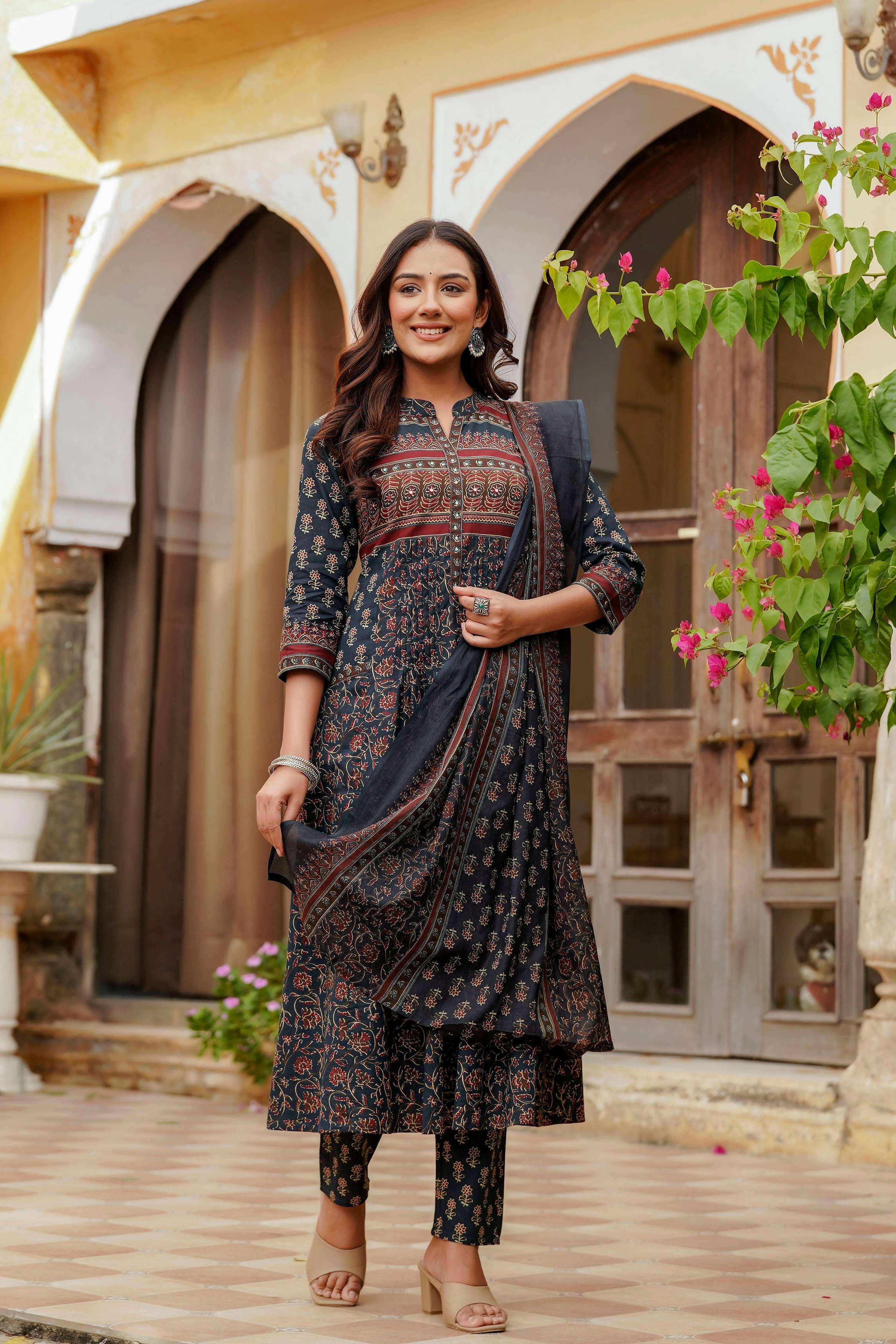 Ethnic Printed A-Line Kurta With Pant & Coordinated Dupatta, Navy Blue - Hiral Fashion - Distacart