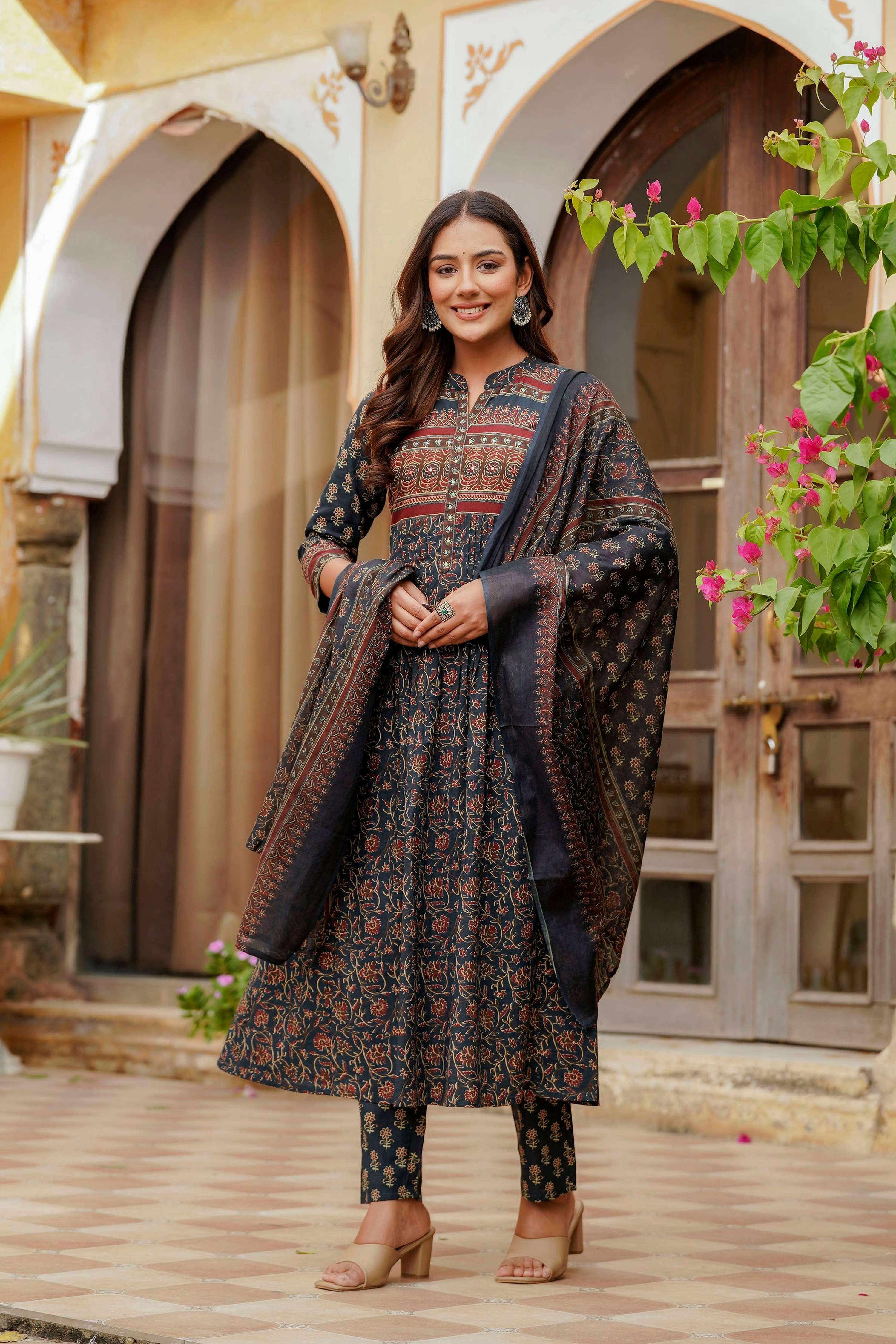Ethnic Printed A-Line Kurta With Pant & Coordinated Dupatta, Navy Blue - Hiral Fashion - Distacart