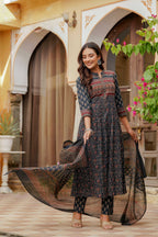 Ethnic Printed A-Line Kurta With Pant & Coordinated Dupatta, Navy Blue - Hiral Fashion - Distacart