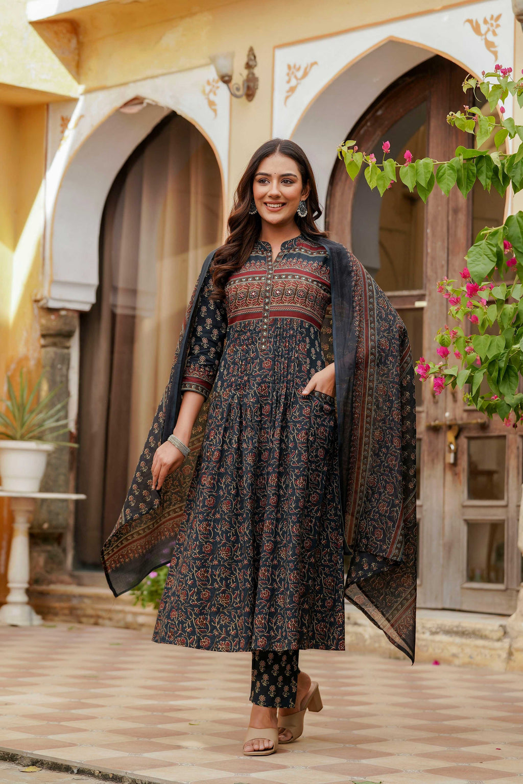 Ethnic Printed A-Line Kurta With Pant & Coordinated Dupatta, Navy Blue - Hiral Fashion - Distacart