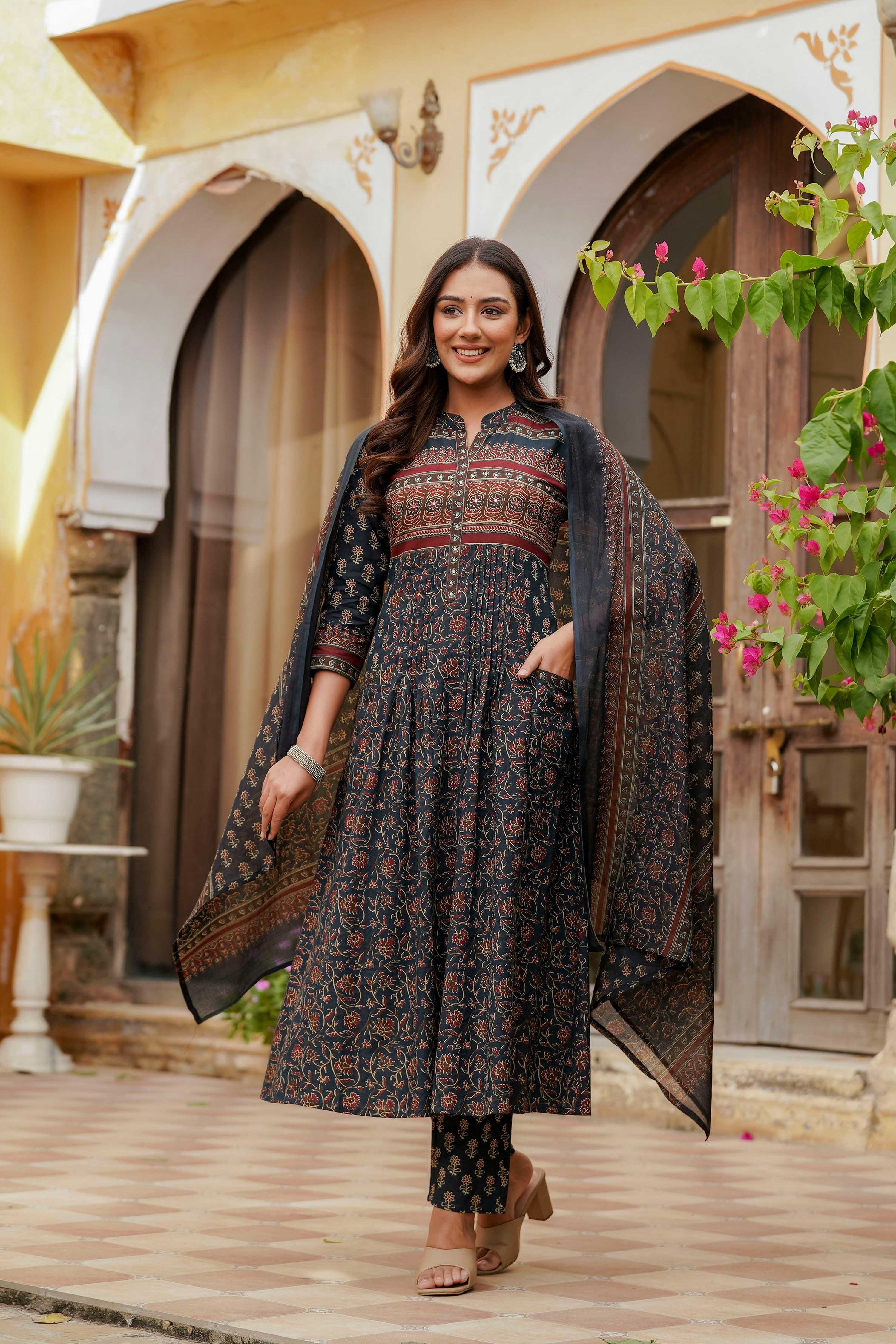 Ethnic Printed A-Line Kurta With Pant & Coordinated Dupatta, Navy Blue - Hiral Fashion - Distacart