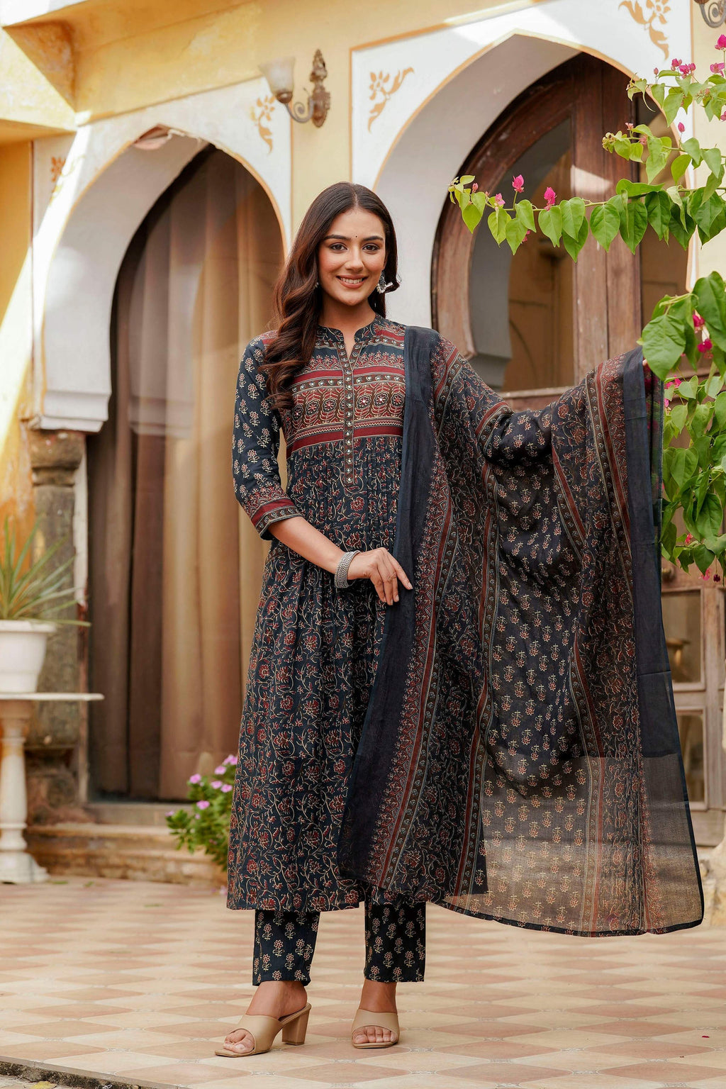 Ethnic Printed A-Line Kurta With Pant & Coordinated Dupatta, Navy Blue - Hiral Fashion - Distacart