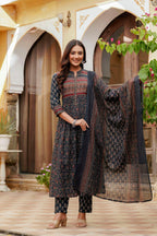 Ethnic Printed A-Line Kurta With Pant & Coordinated Dupatta, Navy Blue - Hiral Fashion - Distacart