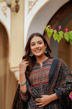 Ethnic Printed A-Line Kurta With Pant & Coordinated Dupatta, Navy Blue - Hiral Fashion - Distacart