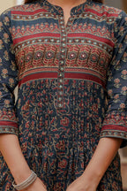 Ethnic Printed A-Line Kurta With Pant & Coordinated Dupatta, Navy Blue - Hiral Fashion - Distacart