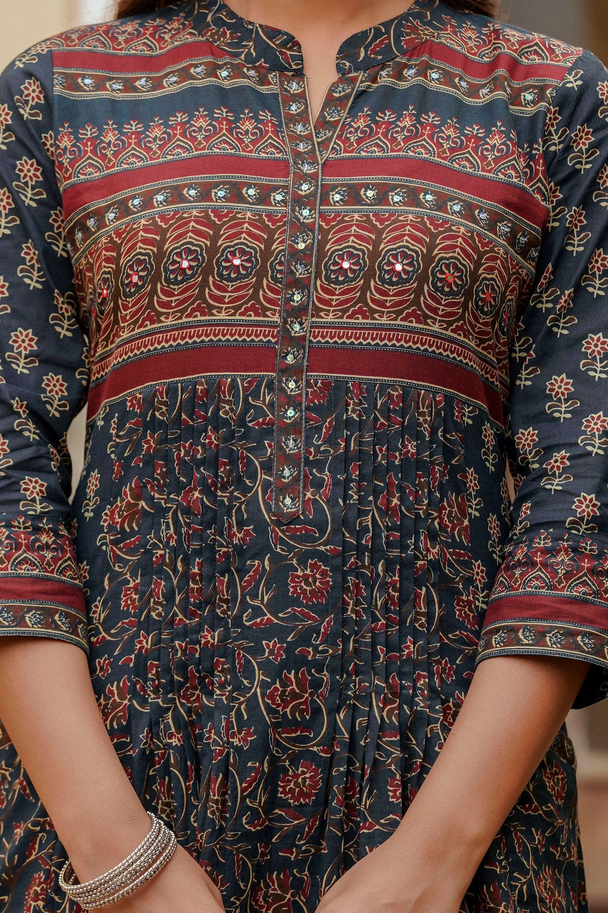 Ethnic Printed A-Line Kurta With Pant & Coordinated Dupatta, Navy Blue - Hiral Fashion - Distacart