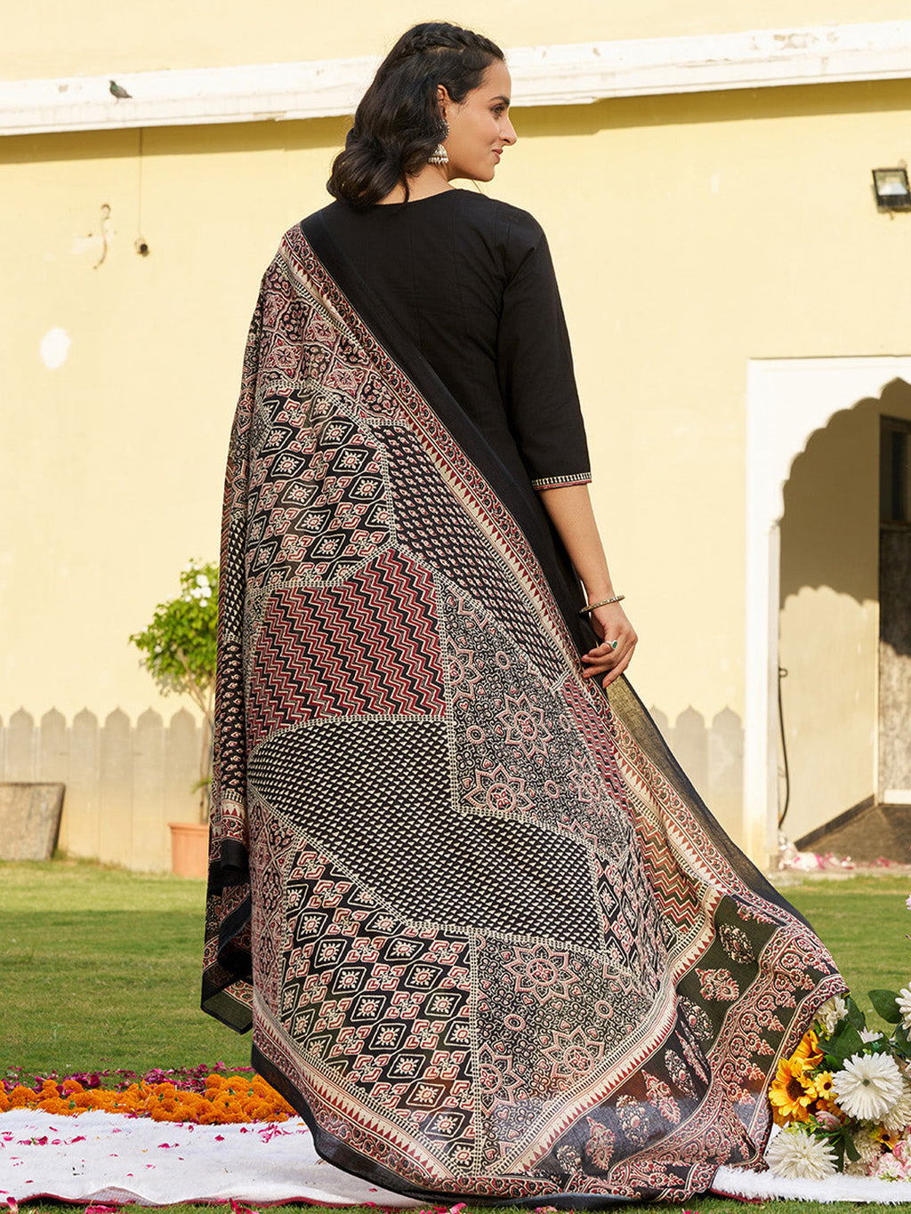Embroidered & Ethnic Printed Anarkali Kurta With Pant & Printed Dupatta, Black - Hiral Fashion - Distacart