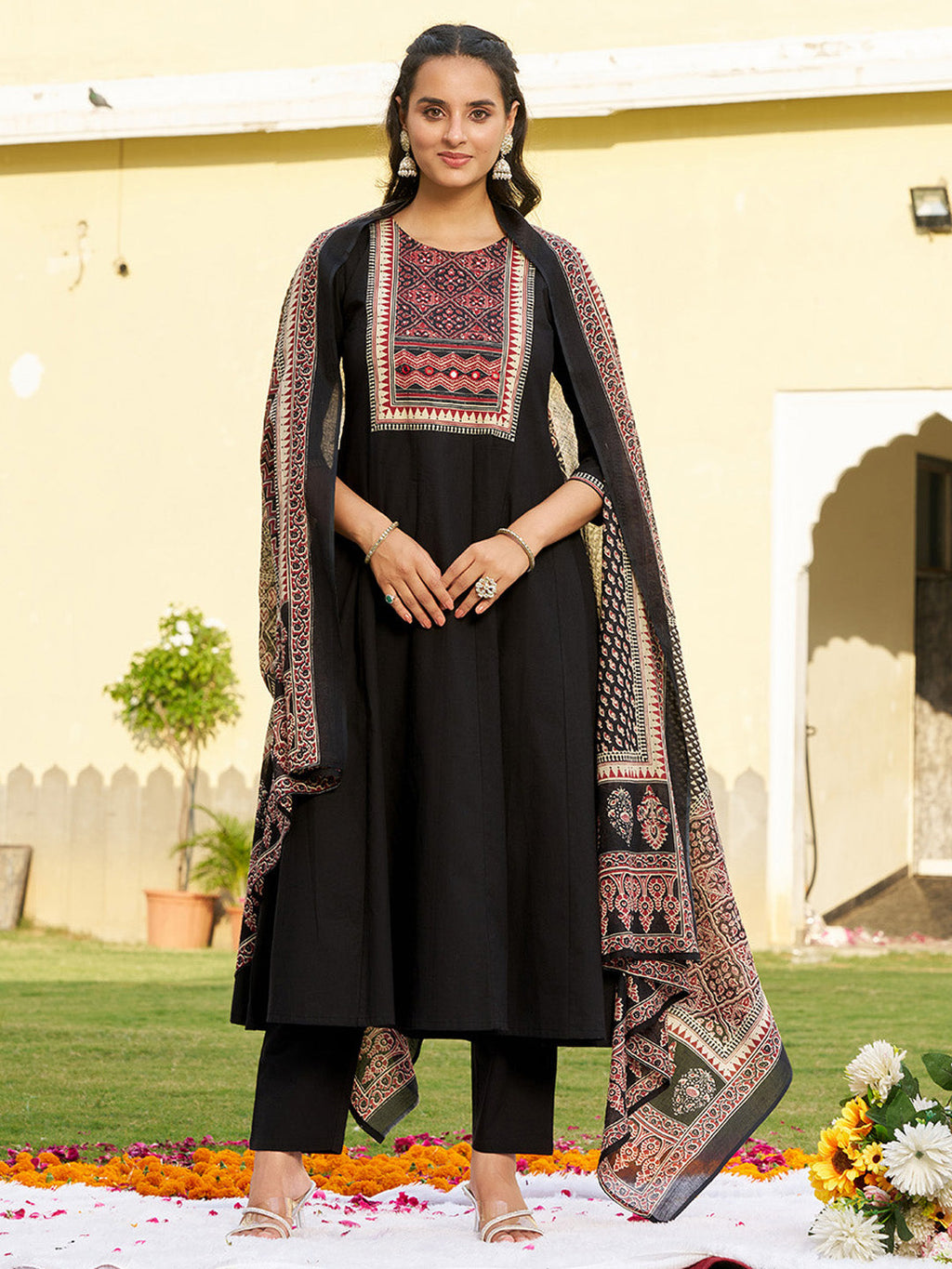 Embroidered & Ethnic Printed Anarkali Kurta With Pant & Printed Dupatta, Black - Hiral Fashion - Distacart