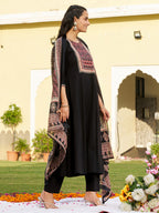 Embroidered & Ethnic Printed Anarkali Kurta With Pant & Printed Dupatta, Black - Hiral Fashion - Distacart
