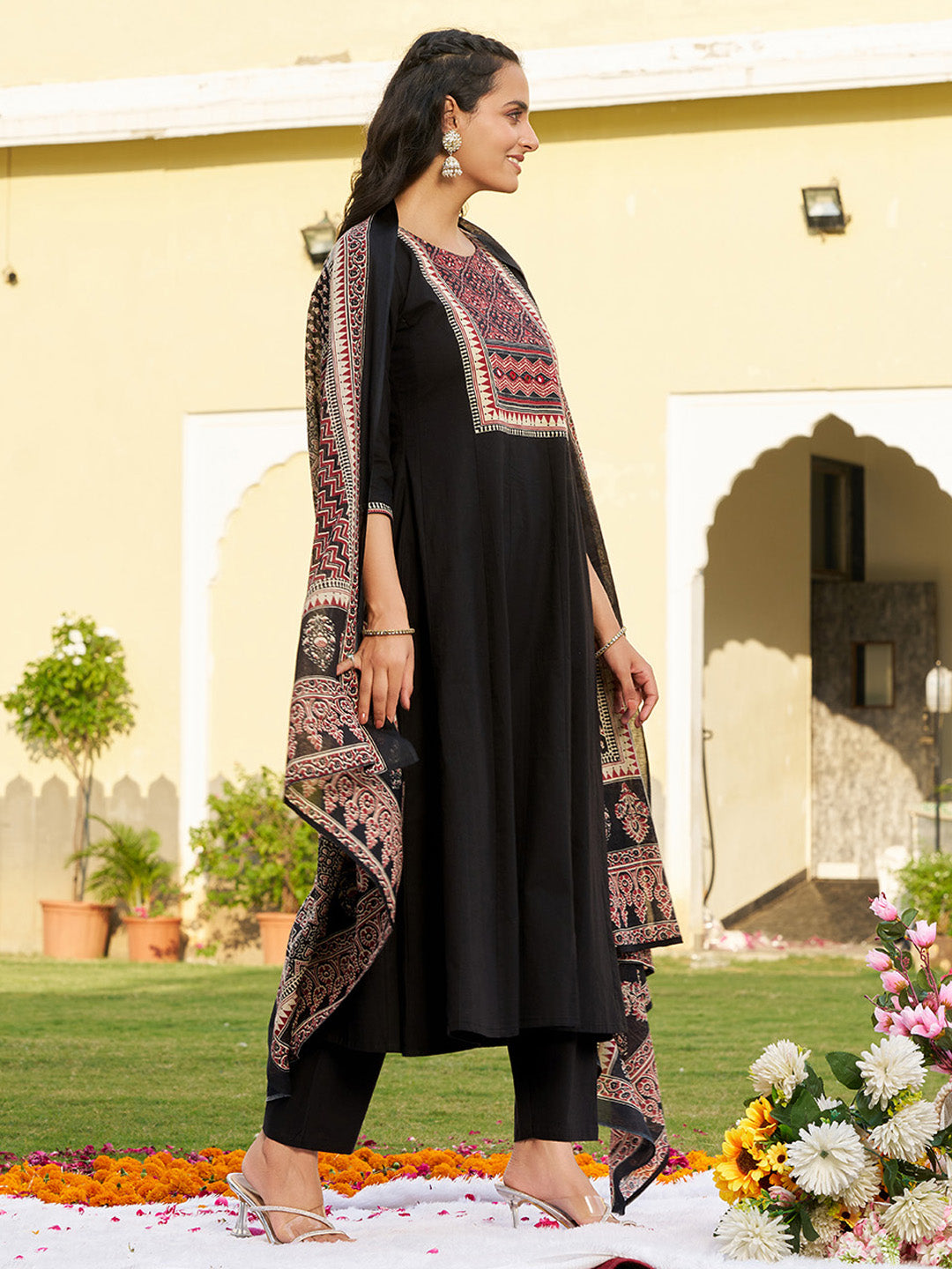 Embroidered & Ethnic Printed Anarkali Kurta With Pant & Printed Dupatta, Black - Hiral Fashion - Distacart