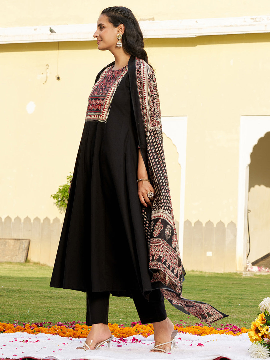 Embroidered & Ethnic Printed Anarkali Kurta With Pant & Printed Dupatta, Black - Hiral Fashion - Distacart