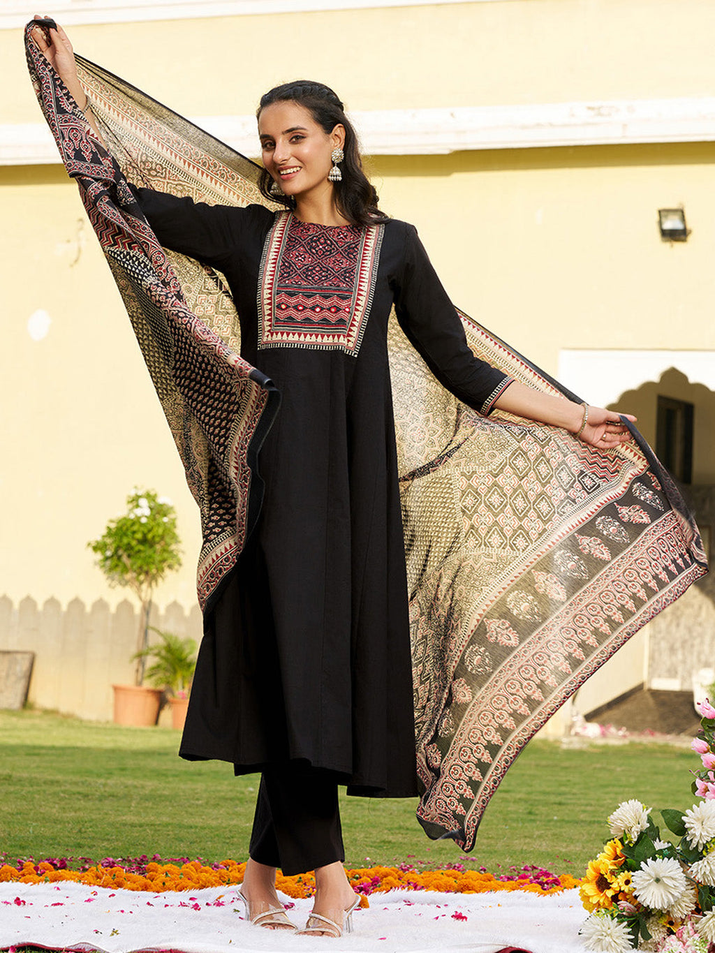 Embroidered & Ethnic Printed Anarkali Kurta With Pant & Printed Dupatta, Black - Hiral Fashion - Distacart