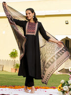 Embroidered & Ethnic Printed Anarkali Kurta With Pant & Printed Dupatta, Black - Hiral Fashion - Distacart
