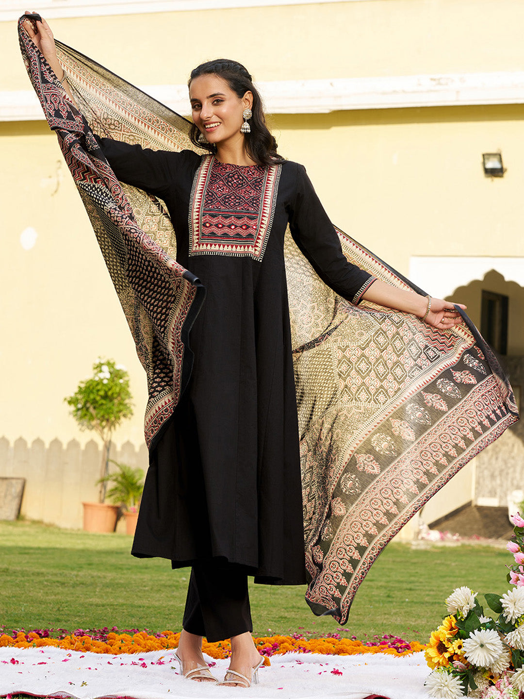 Embroidered & Ethnic Printed Anarkali Kurta With Pant & Printed Dupatta, Black - Hiral Fashion - Distacart